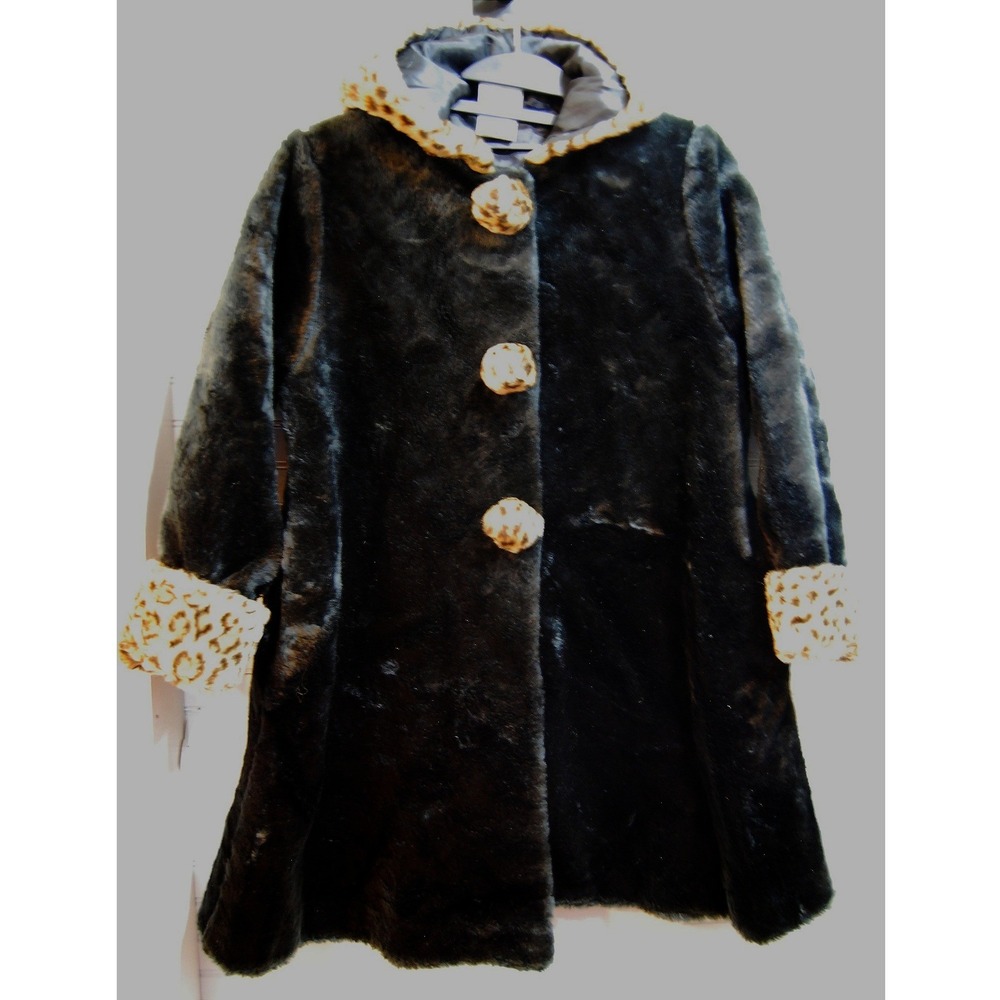 Vintage Black Faux Fur Girls Coat Sz 8 Med Leopard cuff/hood Isabella‎ Union tag
